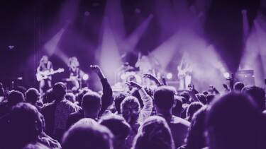 Aufnahme von KonzertbesucherInnen vor einer Bühne auf der eine Rockband spielt.